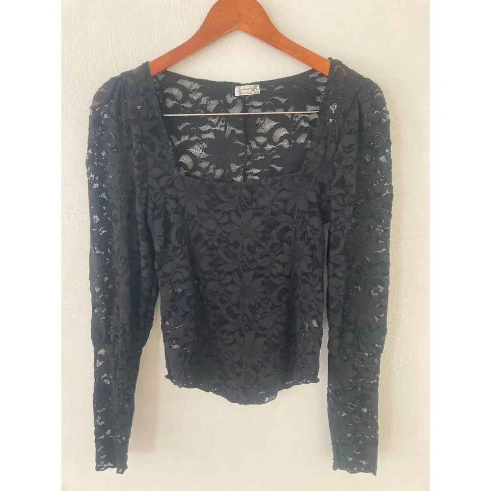 Free People Intimately Long Distance Layering Top S Lace Floral Square Neck